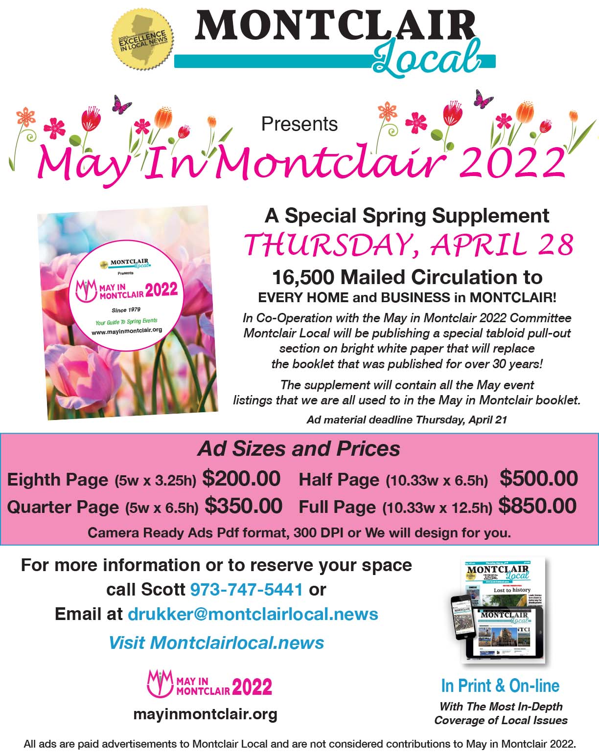 Montclair Local is printing the 2022 May in Montclair Calendar of Events. Advertise in the special supplement to reach all 16,500 households and businesses in Montclair.